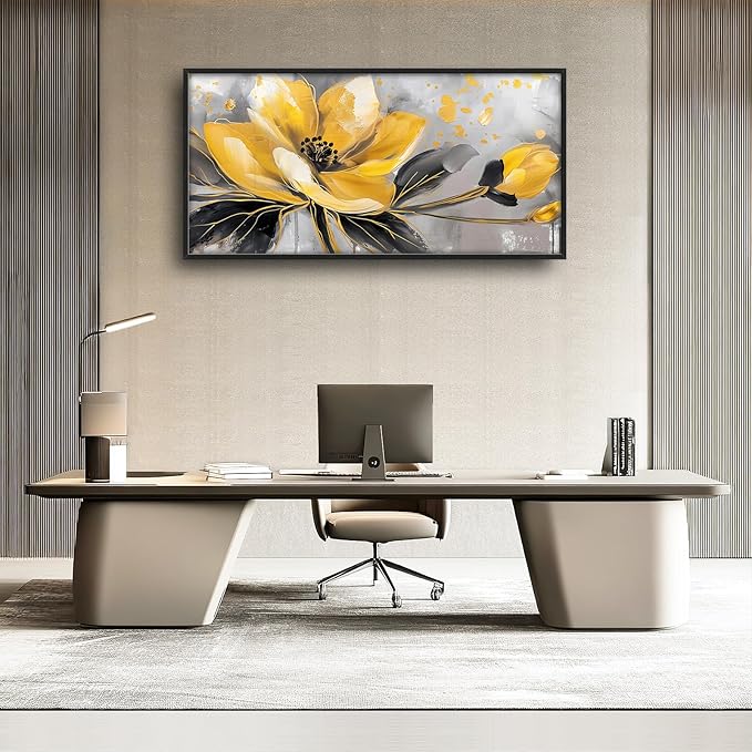 Framed Large Wall Art for Living Room, Yellow Floral Canvas Wall Decor, Gold Flower Pictures Painting, Natural Landscape Artwork for Living Room Bedroom Office 60L'' × 30W''