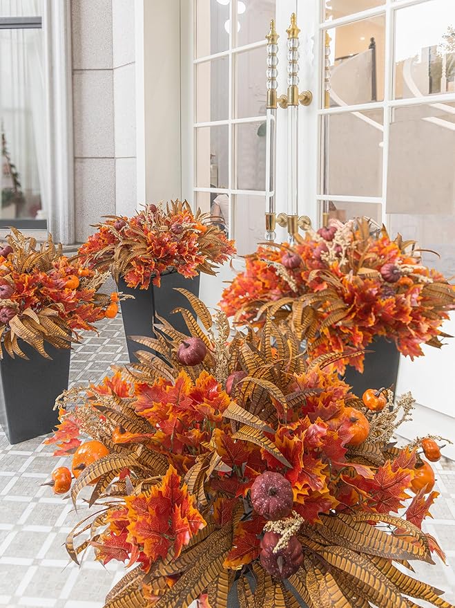 15pcs Outdoor Fall Artificial Branch with Pumpkin, Feather and Maple Leaves for Indoor Outside Hanging Plants Garden Porch Window Box Home Wedding Farmhouse Décor