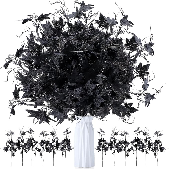 12 Pcs 19.7 Inch Artificial Halloween Flowers Decorations Black Floral Stem Leaves Picks Branches Black Gothic Halloween Table Decorations for Home Indoor Party Vase Arrangement Decor
