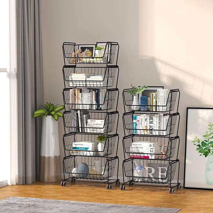 PUSDON Stackable Metal Storage Carts, Dual Use Shelf for Kitchen Fruit Vegetable Baskets with Wheels, Storage Rack for Living Room, Home & Office, Standard Black 6 Tiers