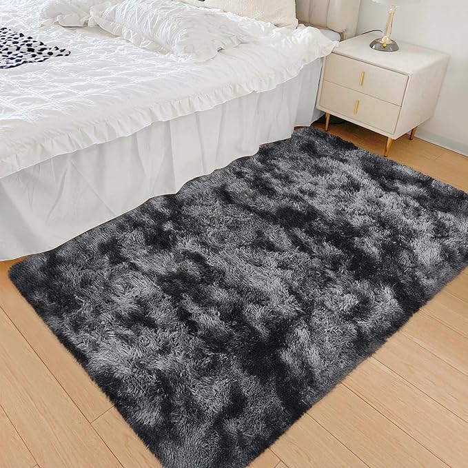 Small Tie-Dyed Area Rug for Bedroom 3x5 Mini Black Grey Fluffy Rug Mat Bedside Throw Rug for Kids Room Boys Teens Nursery Baby Dorm Living Room Home Decor Aesthetic Carpets