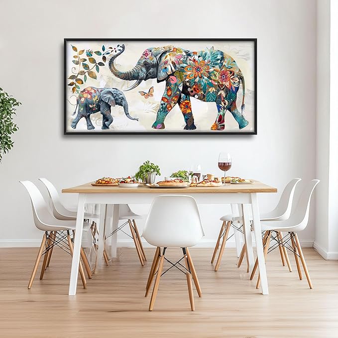Abstract Elephant Large Framed Wall Art Oversized Floral Elephants Pictures Wall Decor Flower Leaf Butterfly Canvas Print Painting Aesthetic Modern Artwork for Living Room Bedroom Office Bathroom Home Decor 60L"x30W"
