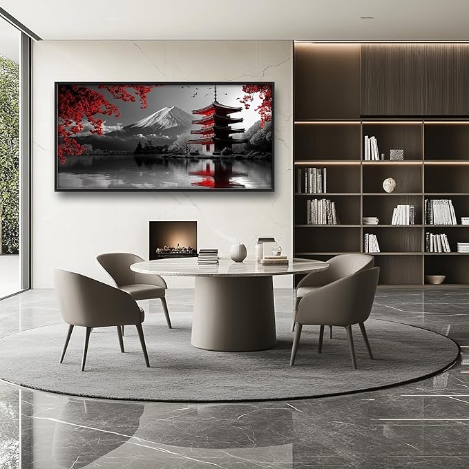 Olivine Japan Large Wall Art, Black And White Pictures Wall Decor, Landscape Paintings, Mountain Canvas Prints, Framed Artwork for Dining Room Bedroom Living Room Office Bathroom 60"x30"