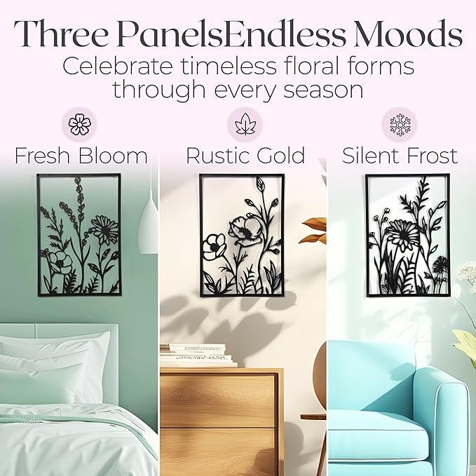 GALLERY GRACE Floral Metal Wall Art for Living Room - 4 Pieces, 16" x 11" Handmade Floral Metal Wall Decor for Bedroom, Living Room, Office - Modern, Boho, Minimalist Style