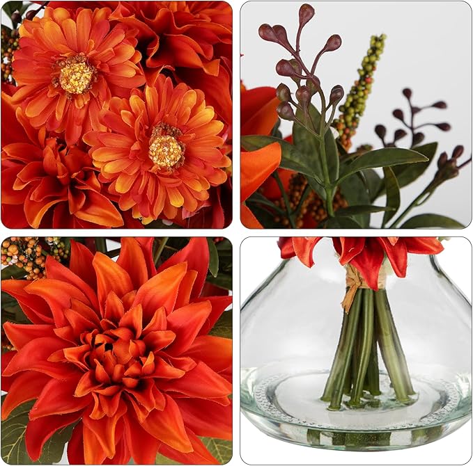 Briful Faux Fall Flowers in Vase, Artificial Dahlia & Mum Silk Floral Arrangement with Clear Glass Vase Fake Autumn Flowers Bouquet for Home Office Dining Room Table Centerpiece Decoration