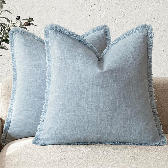 Foindtower Set of 2 Decorative Linen Fringe Throw Pillow Covers Boho Farmhouse Cushion Cover with Tassels Soft Accent Pillowcase for Couch Chair Sofa Bed Living Room Home Decor,22×22 Inch,Sky Blue