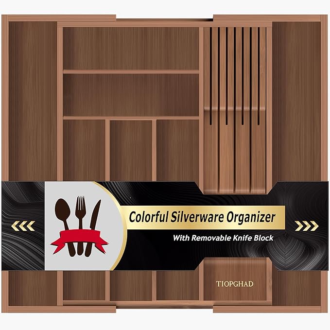 Bamboo-Silverware-Drawer-Organizer-Kitchen, Expandable Utensil Holder Cutlery Tray Flatware Organization Adjustable Wood Tableware Dividers Storage (with Removable Knife Block)(Brown)