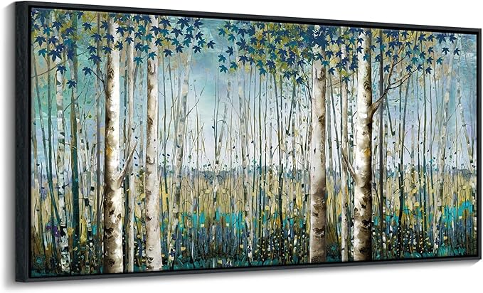 Pogusmavi Wall Art - Large Birch Tree Canvas Painting for Home Decor | Framed Artwork for Living Room, Bedroom, and Office | Teal Wall Art Decoration 24x48 Inch