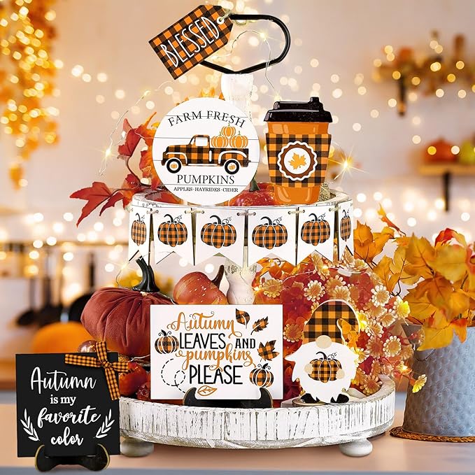 Maitys 13 Pcs Fall Tiered Tray Decor Set Thanksgiving Pumpkin Gnome Rustic Farmhouse Decoration Autumn Decor Autumn Harvest Decorative Trays Wooden Tabletop Signs for Home Kitchen(Orange Plaid Style)