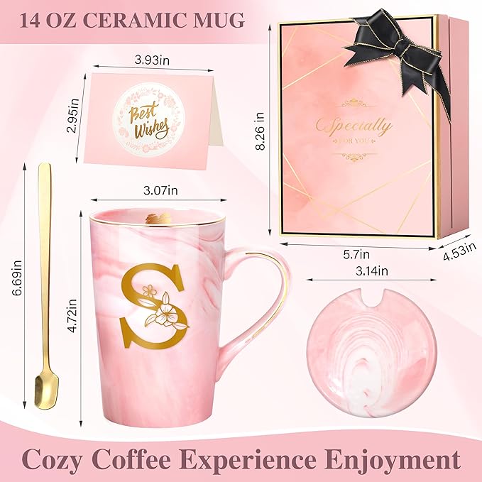 Personalized Marble Ceramic Mug Gifts for Women, 14 Oz Pink Initial Customized Gift Coffee Mug with Lid, Birthday Christmas Mother's Day Gifts for Her Wife Mom Grandma Friend Sister Unique,S