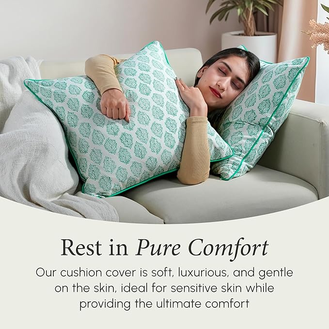 CPC 100% Cotton Throw Pillow Covers 18x18 Inch, Set of 2 Green Block Print Pattern Couch Pillow, Cute Boho Decorative Pillows for Living Room, Bedroom with Hidden Zipper- Sea Green