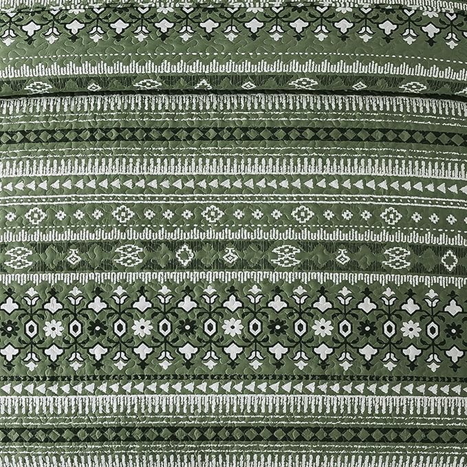 VAPUTAR Boho Quilts King Size, Stripe Reversible King Quilt Set, Lightweight All-Season Coverlet & Boho Bedspread- 3 Piece/Green