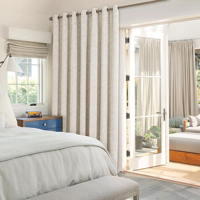 Beauoop Beige Floral Jacquard Blackout Curtains 84 Inches Long for Patio Sliding Door Extra Wide Chenille Flower Divider Room Darkening Thermal Soundproof Grommet Window Drapes, 100x84 Set of 1