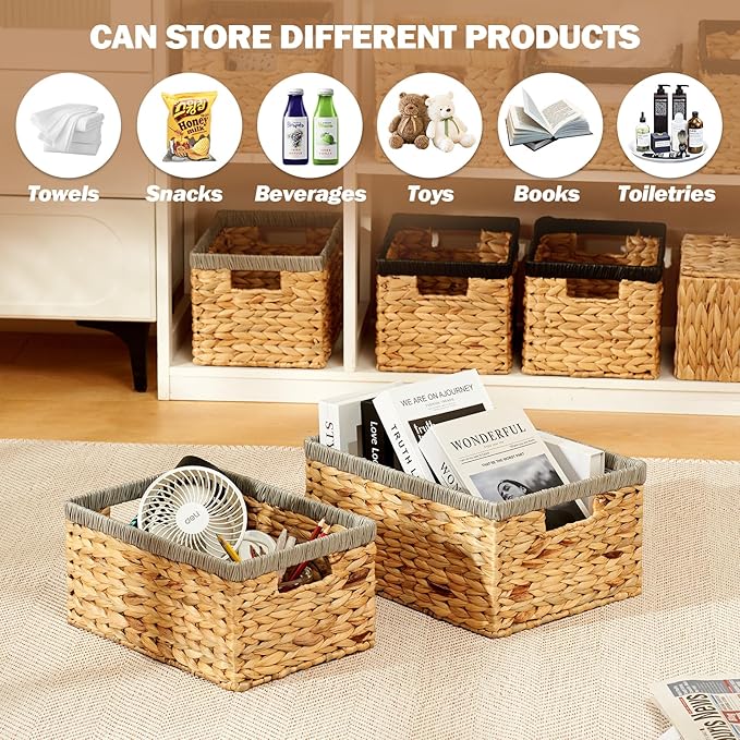 Wicker Baskets for Storage 2 Pack, Water Hyacinth Storage Baskets with Built-in Handles, Large Wicker Storage Baskets for Shelves & Organizing, Natural with Grey, Size L & M