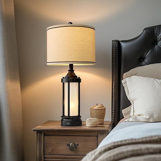 25'' Table Lamps for Bedroom Living Room Lamps Set of 2 Farmhouse Nightstand Bedside Lamps with USB Ports, Built-In Frosted Glass Night Light Industrial Metal Night Stand Lamp, Bulbs Included, Black