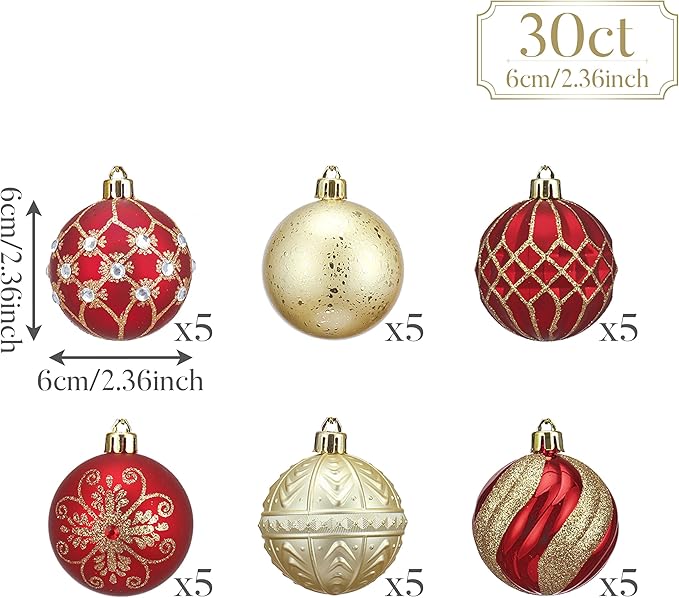 Valery Madelyn Christmas Ornaments Set, 30ct 2.36 Inches Red and Gold Shatterproof Christmas Tree Decorations Ball Ornaments Bulk, Luxury Hanging Ornaments for Xmas Holiday Party Decor