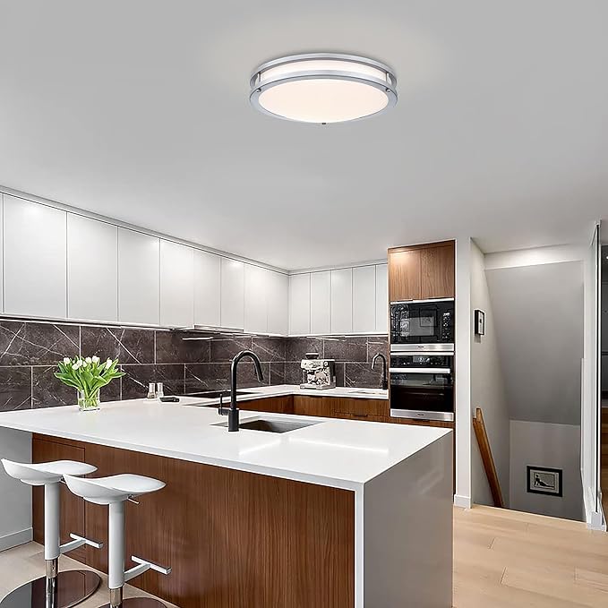 16” Brushed Nickel Flush Mount Ceiling Light Fixture - 16 Inch Brushed Nickel LED Ceiling Light 3000K/4000K/5000K Color Changing Modern Bathroom Fixture for Bedroom,25W