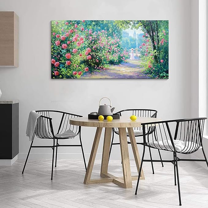CHATYOUNG Canvas Wall Art Living Room, Blooming Roses Manor Landscape Painting Monet Style Wall Art Pink Flowers Picture Ready to Hang Bedroom Bathroom Kitchen Home Decor Gifts for Women 24"X48"