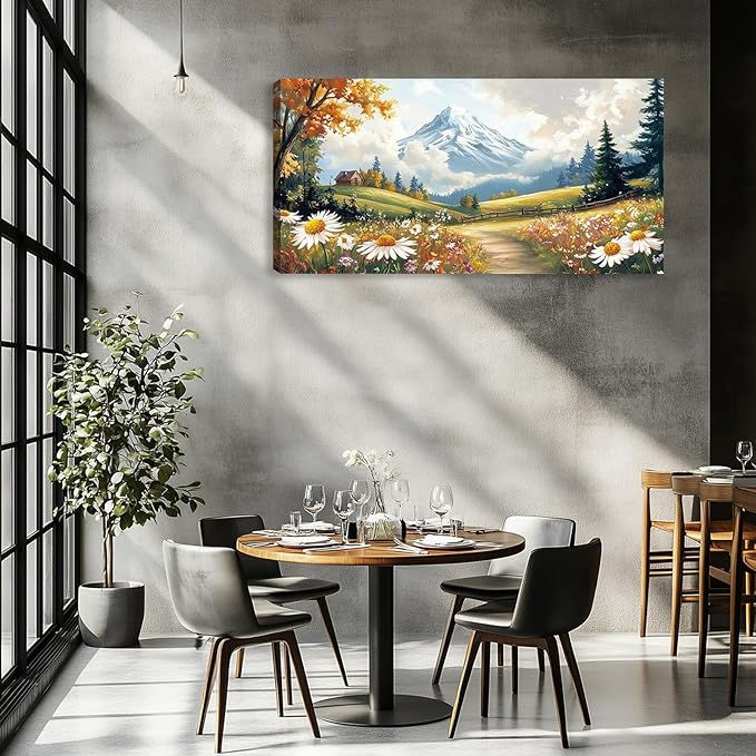 Mountain Canvas Wall Art Wall Decor Large Wildflowers Landscape Wall Art Poster Pictures Painting for Living Room for Bedroom Home Framed Farmhouse Decorations Artwork 48L x 24W