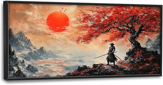 Flintis Large Samurai Framed Wall Art Japan Warrior Pictures Wall Decor Abstract Japanese Art Canvas Painting Print Artworks Decor Framed for Living Room Bathroom Master Bedroom Office 60L X 30W