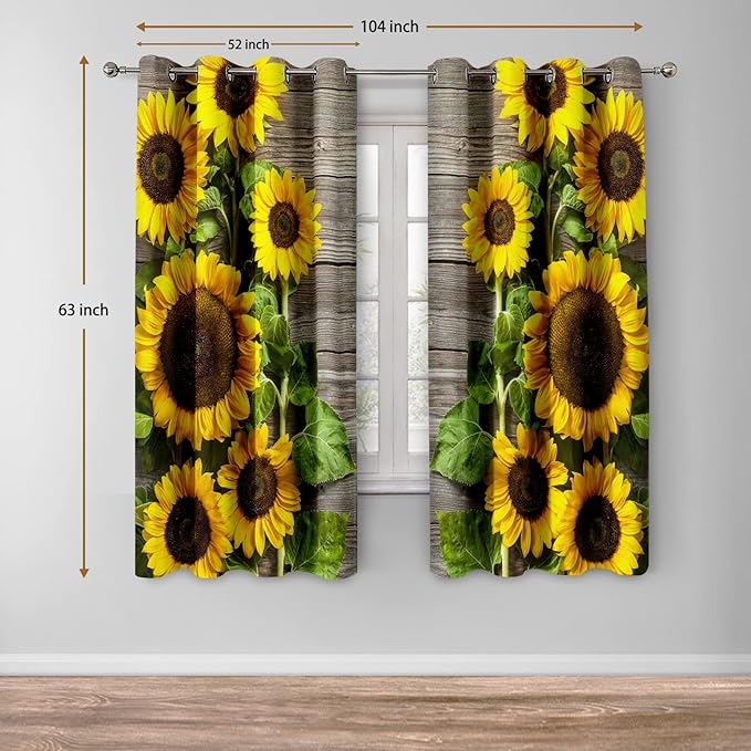Jekeno Sunflower Floral Blackout Curtains Spring Flower on Rustic Wood Country Wooden Decor for Home Bedroom Living Room Darkening Grommet Window Drapes 2 Panel Set, 52"x63"