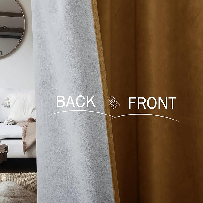 StangH Gold Brown Velvet Curtains 100% Blackout Thermal Insulated Window Drapes for Fall Luxury Heavy Thick Hook Belt Privacy Dividers for Living Room, W52 x L90, 2 Panels