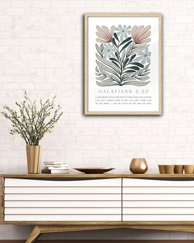 EcoHest Bible Verse Floral Framed Wall Art, Large 16x20 in OAK Wood Boho Abstract Flowers Canvas Wall Art, Galatians 2:20 Home Decor, Beige Logs Boho Christian Set of 1 for Bedroom Living Room