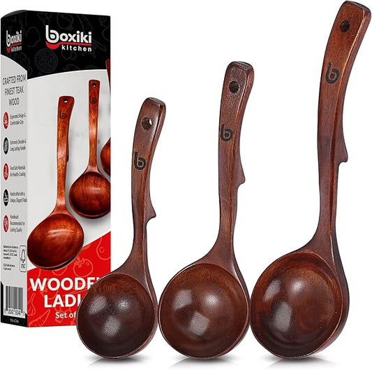 Soup Spoons - Luxury Teak Wood Ladle Set of 3 – Chef-Grade, Eco-Friendly Wooden Cooking Utensils with Reinforced Neck Joint & Anti-Slip Notch Handle – Multi-Size, Gift-Ready Ladle Spoons Set