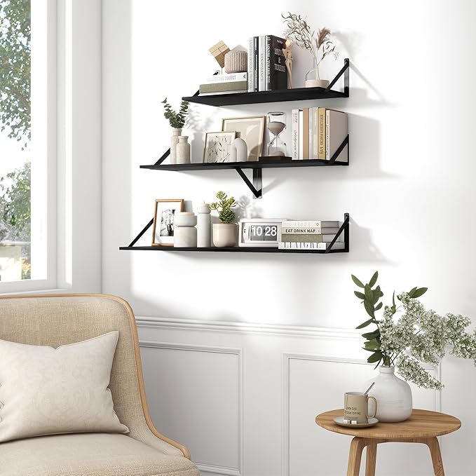 Fun Memories Deep Floating Shelves for Wall, 36W x 8D Wall Mounted Shelves Set of 2, Wide Display Ledge Shelf with Sturdy Metal Brackets for Living Room, Bathroom, Bedroom and Kitchen, Black