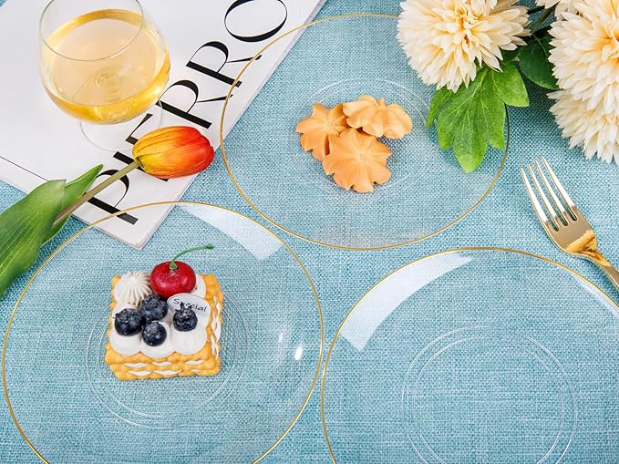 Nervure 100Pieces Clear and Gold Rim Plastic Plates - 7.5inch Disposabl Salad Dessert Plate - Clear and Gold Party Plates Ideal for Wedding & Party & Thanksgiving