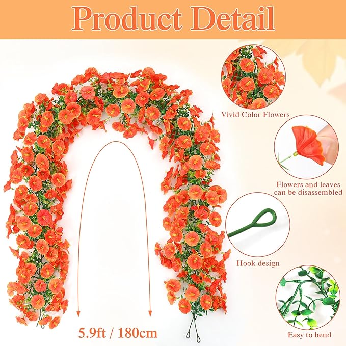 Dremisland Fall Artificial Flowers Garland 2Pcs 5.9Ft Artificial Fall Morning Glory Flower Vines UV Resistant Orange Yellow Hanging Autumn Floral Vines for Home Garden Wedding Party Thanksgiving Decor