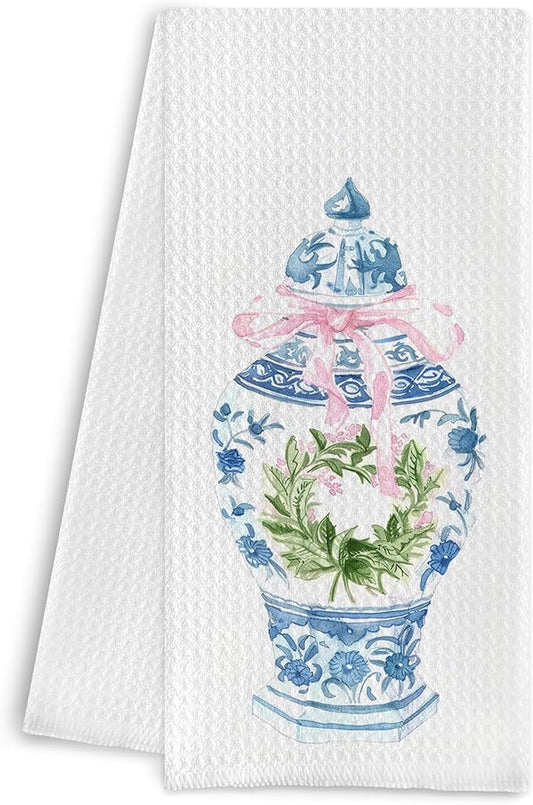 Blue and White Porcelain Kitchen Towels and Hand Towels, 16x24 Inches - Pink Coquette Bow Design, Chinoiserie Decor