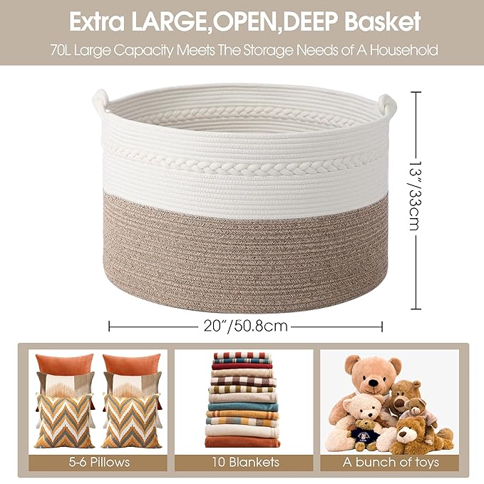Laundry Basket,20''x13''Woven Cotton Rope Laundry Hamper,Blanket Basket for Living Room;Toy storage;Woven basket;Nursery Storage Bin,Nursery hamper,Boho Room Decor (White+Brown)