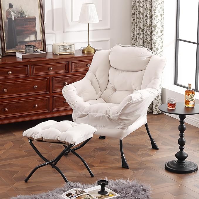 Lazy Chair with Ottoman, Modern Chair with Folding Footrest, Lounge Accent Chair, Comfortable Reading Chair, Oversized Armchairs for Bedroom, Study, Living Room, Courtyard (Beige