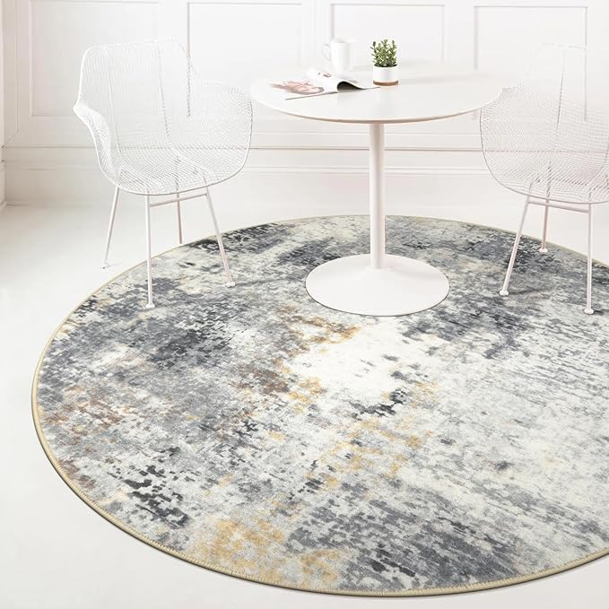 Lahome Modern Abstract Round Rug - 5Ft Grey Living Room Rugs Washable 5x5 Circle Rugs Indoor Dining Table Mat, Soft Non Slip Low Pile Office Carpet for Bedroom Playroom Kitchen Coffee Table