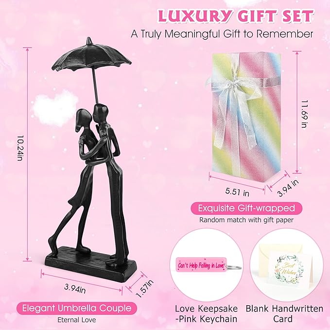 Anniversary for Couple/Her, Affectionate Couple Statue Kissing Under Umbrella, Handcrafted Cast Iron Sculpture in Love, for Wedding Gifts 6th Anniversary Birthday Gifts