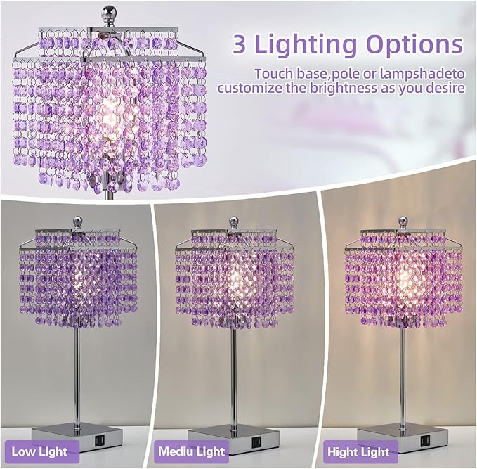 Luvkczc Purple Bedside Crystal Table Lamp Set of 2, Touch Control Lamps, 3-Way Dimmable Lamp with Crystal Shade for Bedroom, Girl Living Room, 6W B11 Bulb Included