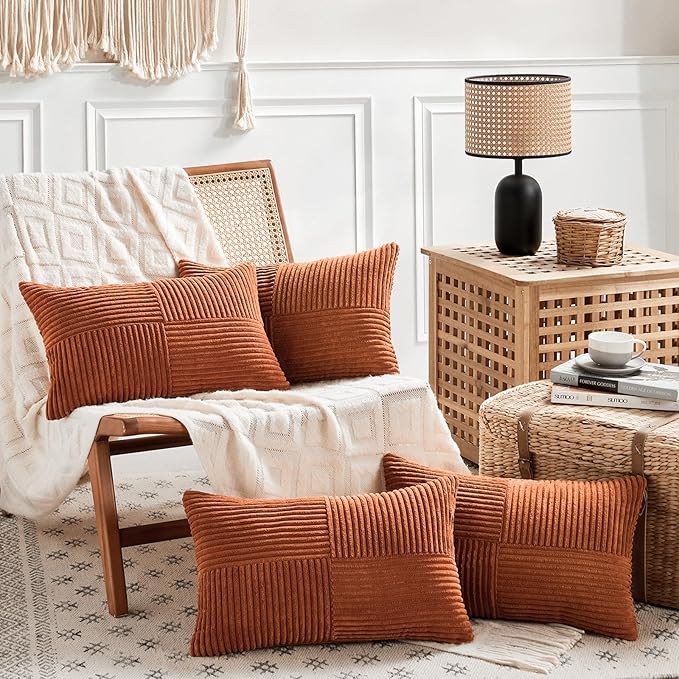 Fancy Homi 4 Packs Rust Lumbar Decorative Throw Pillow Covers 12x20 Inch for Couch Bed Sofa, Rustic Farmhouse Boho Home Decor, Soft Striped Corduroy Rectangle Accent Terracotta Cushion Case 30x50 cm