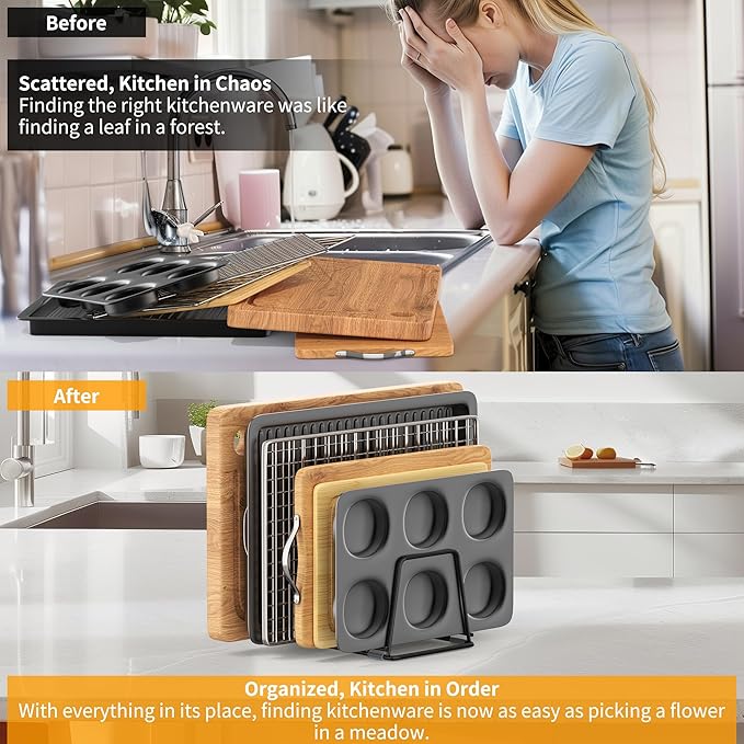 Cutting Board Organizer Kitchen Organizer Rack for Cutting Board, Bakeware, and Cookie Sheet, 5-Slot Heavy-Duty Steel Cookware Holder,Rust-Resistant with Anti-Slip Feet (1, Small)