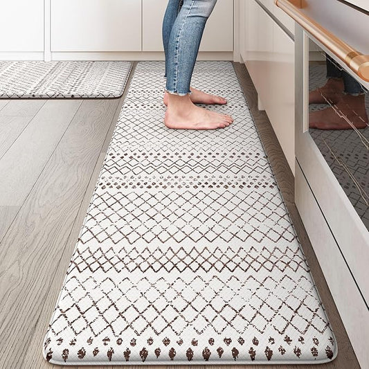 KIMODE Anti Fatigue Kitchen Mats 2PCS 17"x59"+17"x29", Cushioned Boho Kitchen Runner Rugs,Non Slip Waterproof Kitchen Mats for Floor,Comfort Standing Desk Mat for Home,Sink,Laundry,Brown and White