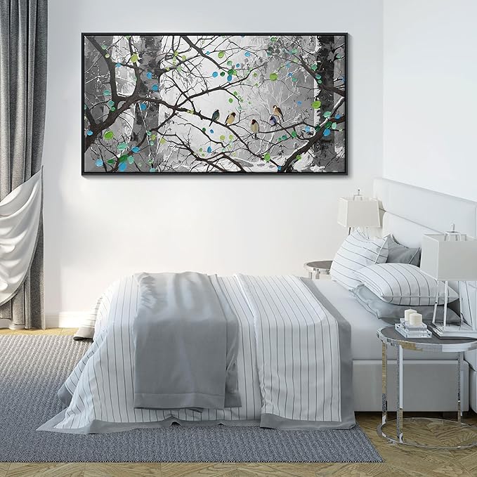 Grey Wall Art Bird on Branch Misty Forest Canvas Artwork Modern Framed Canvas Painting Decorative Wall Art Home Decor Can Be Hung Directly Dining Room Living Room Bedroom Office Size 29x58 Inches