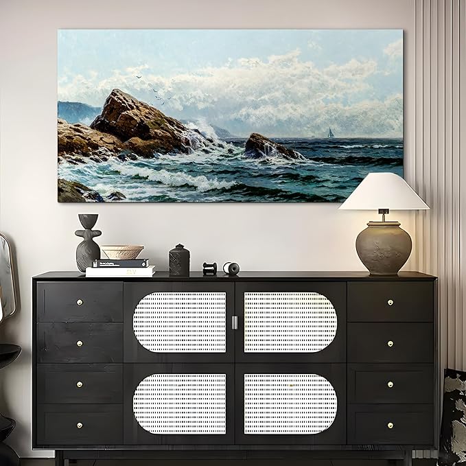 crmotu Large Wall Art for Living Room, Coastal Landscape Retro Canvas Painting, Ocean Waves Vintage Decor Art Prints, Blue Nautical Scenery Bedroom Bathroom Home Office Pictures Wall Decor 30"X60"