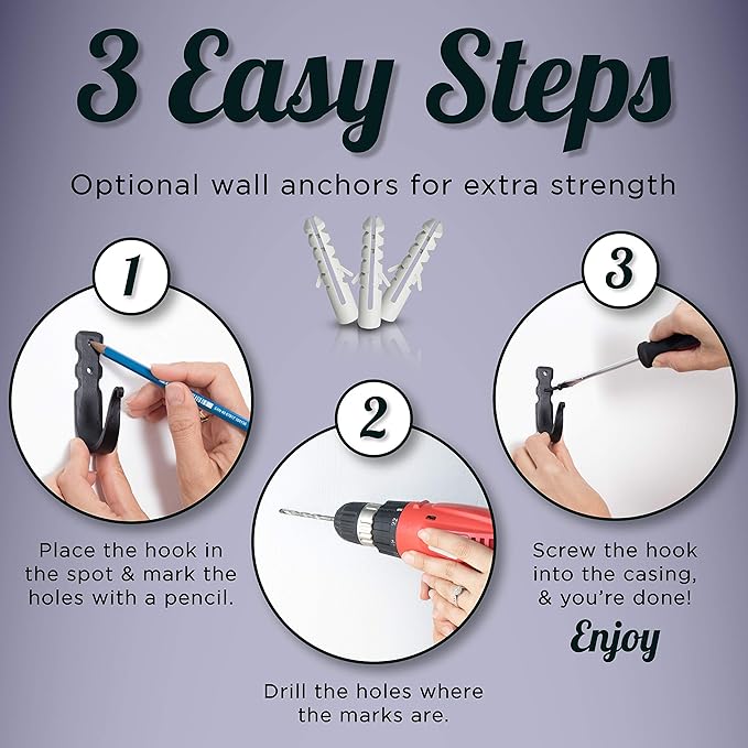 Decorative Hooks for Wall - Metal Wall Hooks for Hanging Coats, Hats & Bags, Rustic Towel Hooks for Bathrooms or Kitchen - Wrought Iron Farmhouse Hangers - Pack of 3, Black - 3.3x2x0.8 Inches