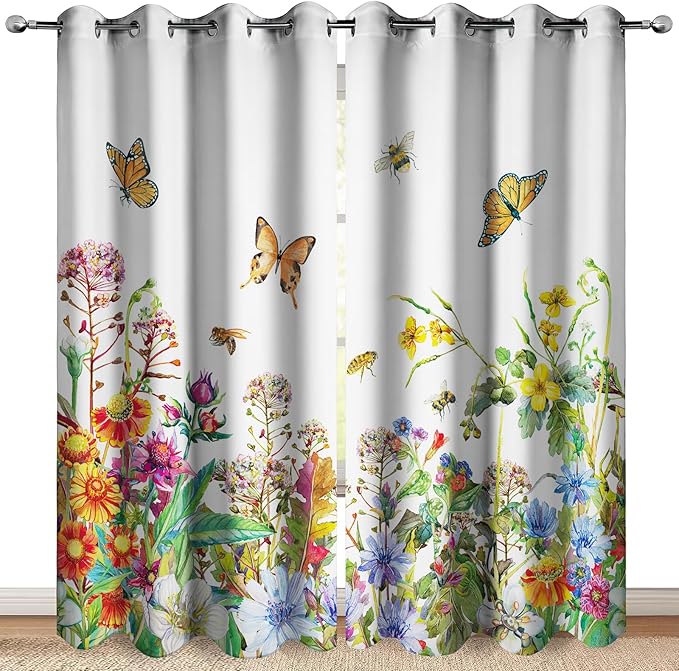 MissHope Spring Flowers Floral Blackout Curtains Colorful Wildflower Botanical Butterfly Bee Green Plant Leaves Decor for Home Bedroom Living Room Grommet Window Drapes 2 Panels, 52x84 Inch