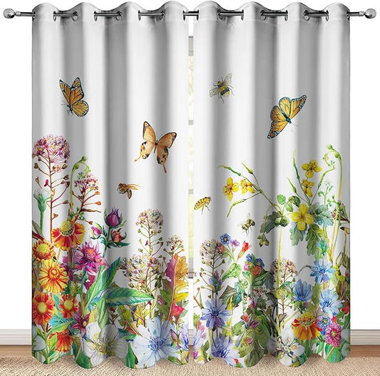 MissHope Spring Flowers Floral Blackout Curtains Colorful Wildflower Botanical Butterfly Bee Green Plant Leaves Decor for Home Bedroom Living Room Grommet Window Drapes 2 Panels, 52x84 Inch