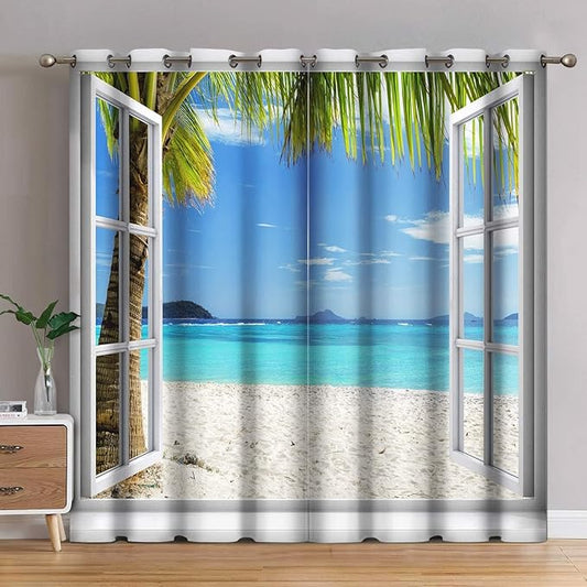Jekeno Ocean Beach Palm Trees Blackout Curtains Summer Tropical Island Decor Seaside White Wooden Window View Print Grommet Window Drapes for Bedroom Living Room 2 Panel Set, 42"x84"