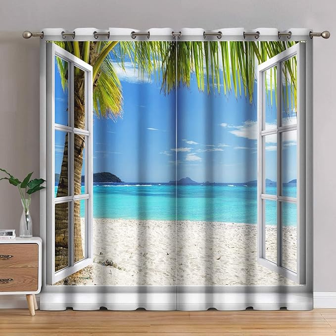 Jekeno Ocean Beach Palm Trees Blackout Curtains Summer Tropical Island Decor for Bedroom Living Room Seaside White Wooden Window View Print Grommet Window Drapes 2 Panel Set, 42"x63"