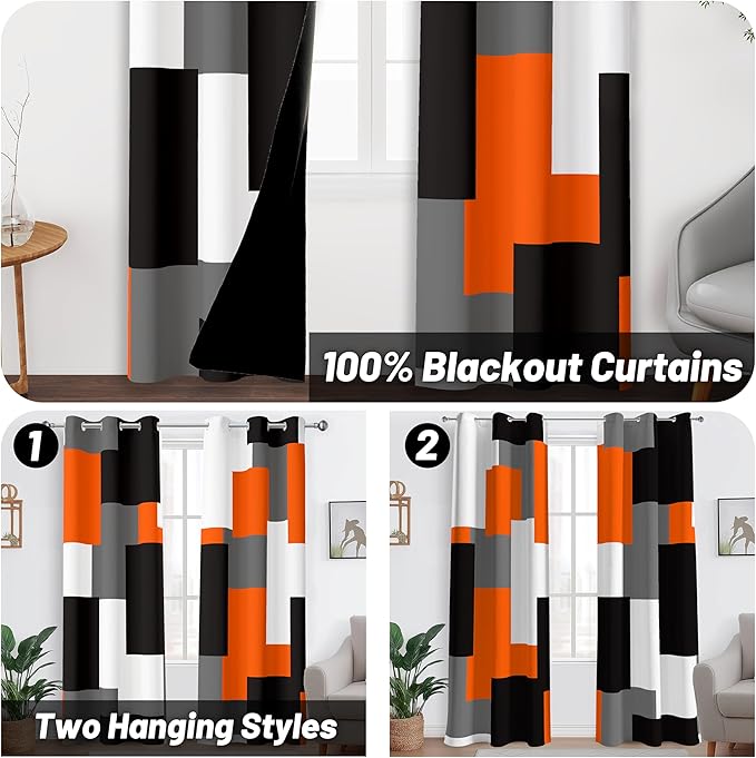 Orange 100% Blackout Curtains for Bedroom 63 inch Length 2 Panels Set White Grey Modern Abstract Geometric Black Out Curtains Insulated Room Darkening Window Drapes for Living Room, 42Wx63L