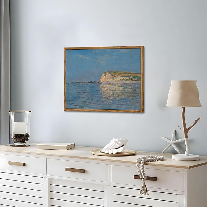 Framed Monet Coastal Wall Art Decor – Impressionist Beach Oil Painting Canvas Prints – Vintage Beachy Landscape Classic Aesthetic Wall Decor for Living Room Bedroom Bathroom – 16"x24"