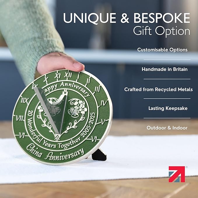 Anniversary Sundial Gift for 20th China Wedding Anniversary in 2025 - Recycled Metal Home Decor Or Garden Present Idea - Handmade in UK for Him, Her Parents Or Couples 20 Year Celebration